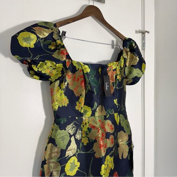 Lulus So Stunning Navy Blue Floral Jacquard Puff Sleeve Mini Dress - Picture 4 of 13